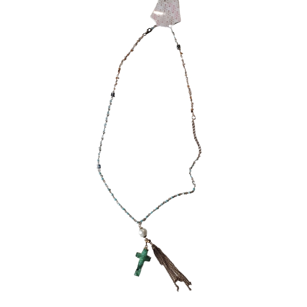 Long Beaded Blue Green Agate Cross With Tassel and Faux Pearl Detail Necklace